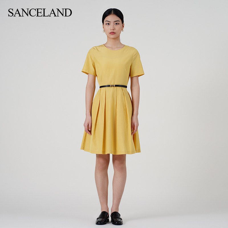 SANCELAND三石一澜夏季圆领X型收腰短袖连衣裙女2026中长裙
