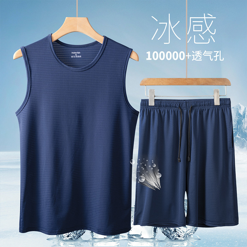 冰丝运动套装男士夏季篮球服套装速干无袖背心短裤中老年爸爸夏装