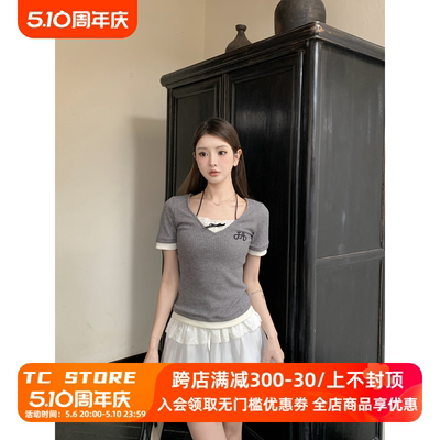 TC STORE TAKE CHANCES假两件挂脖蕾丝拼接短袖夏季修身针织T恤女