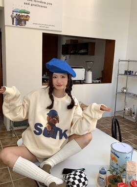 SUTK潮牌美式复古小狗印花套头加绒卫衣女秋冬新款宽松休闲上衣