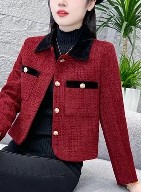 红色小香风短外套女2025秋冬新款翻领小个子高级感加厚粗花呢上衣