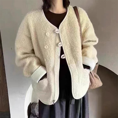 圆领紫色仿羊羔毛外套女短款冬季夹克皮毛一体2025加厚拉链鹿皮绒