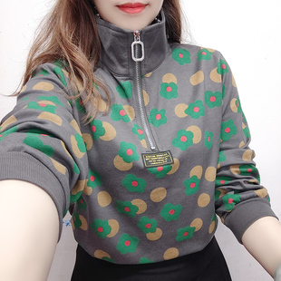 网红同款小花朵长袖T恤上衣2026春款新款时尚百搭显瘦立领卫衣潮