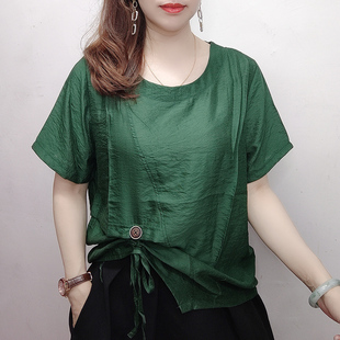 复古拼接不规则上衣宽松圆领薄款 时尚 雪纺体恤 t恤女夏款 绿色短袖