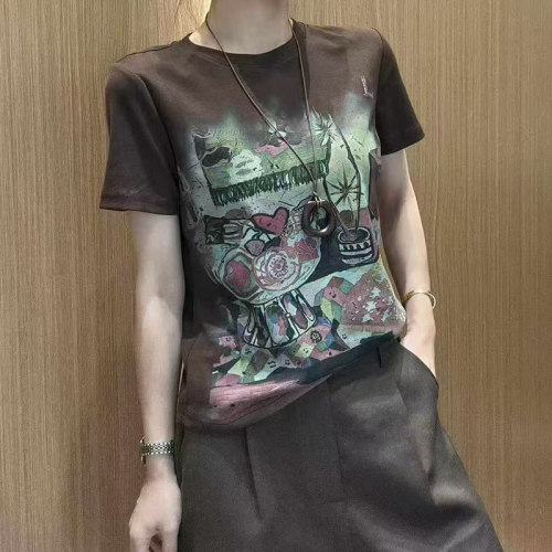 网红t恤2026夏季新款复古童趣涂鸦印花短袖T恤女修身百搭显瘦上衣