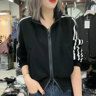 休闲宽松棒球服上衣女2025春装新款百搭纯色织带立领短装外套卫衣