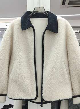 设计感牛仔拼接翻领羊羔毛外套女冬2025新款仿皮毛一体颗粒绒上衣