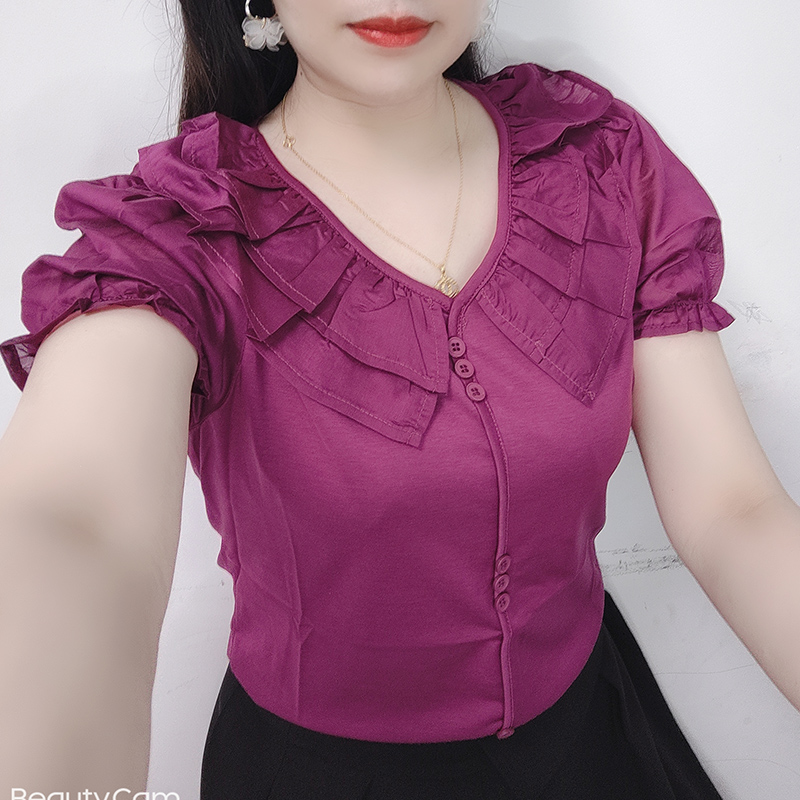 2025夏季新款丝光棉小衫女百搭时尚休闲洋气荷叶领短袖t恤上衣潮