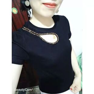欧洲站新款重工钉珠漏洞黑色纯棉短袖T恤女打底衫时尚大码小衫潮