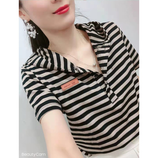 网红同款短袖T恤韩版欧货2026夏季新款潮牌卫衣女条纹棉连帽小衫