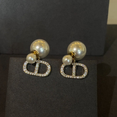 轻奢高级感耳钉镶钻 气质双面珍珠耳环精致复古时尚 顶楼千金 法式