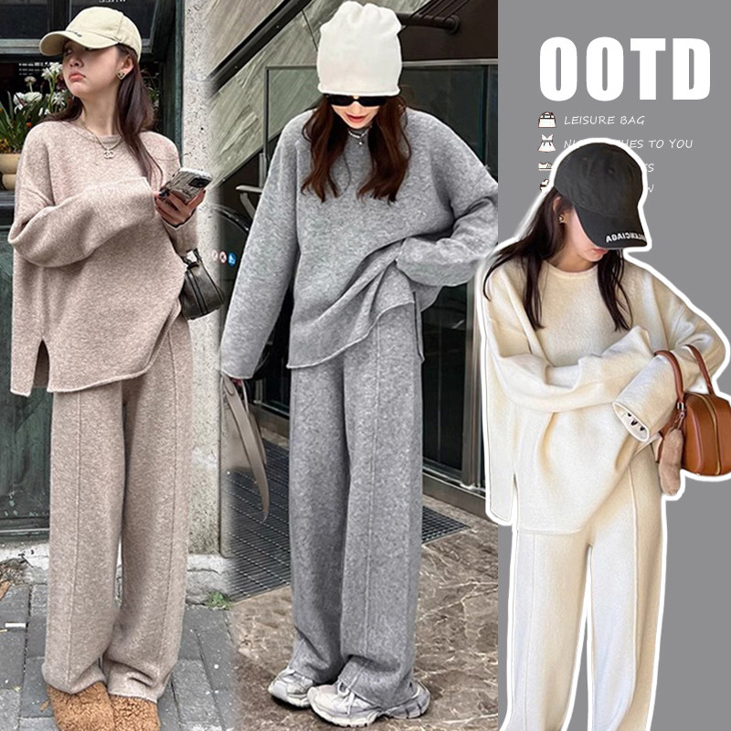 출산 착용 가을 정장 2024 새로운 임신 어머니 착용 게으른 스타일 탑 가을 겨울 대형 스웨터 투피스 세트