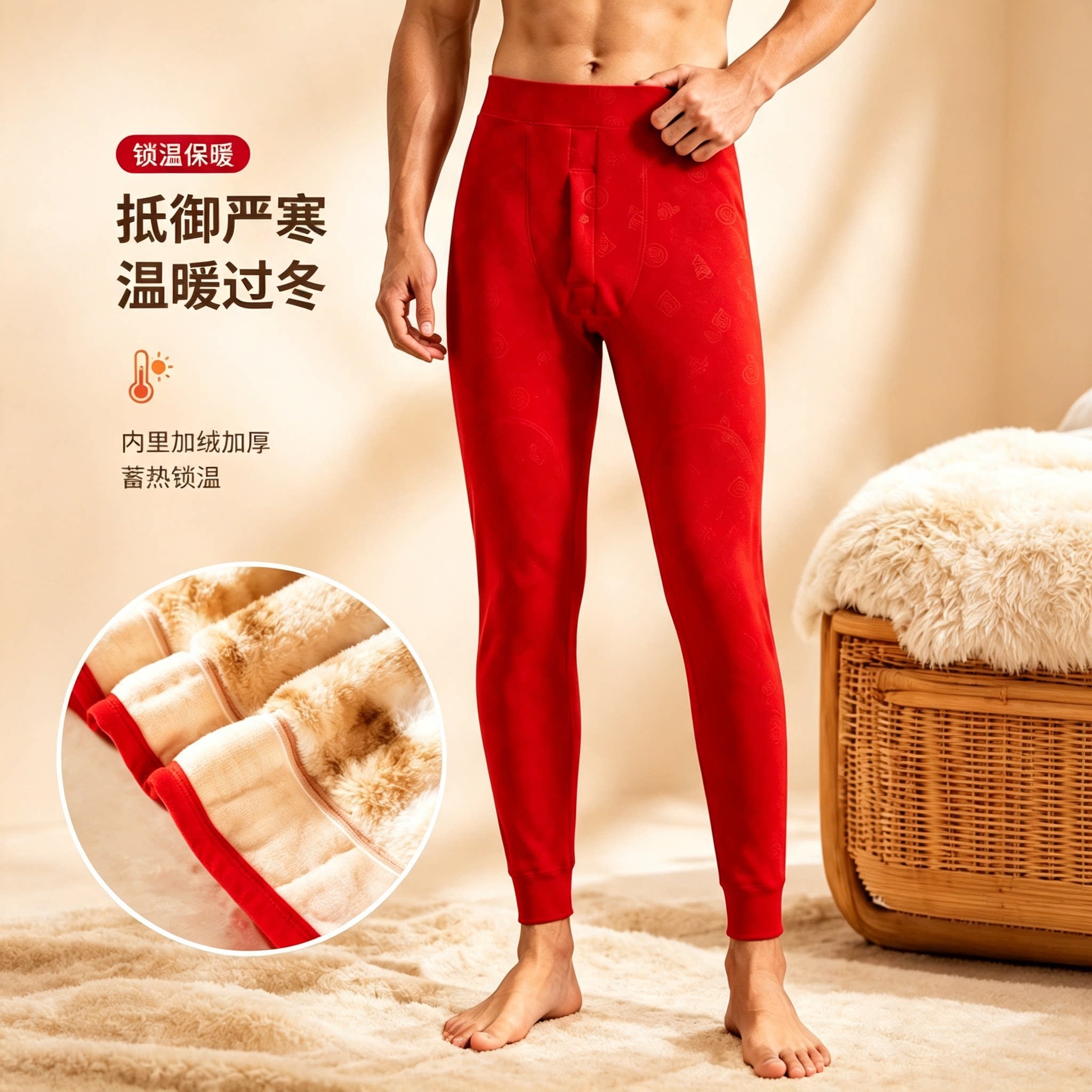本命年男款大红色加绒加厚保暖裤秋冬款高腰护腰护膝红服棉裤贴身