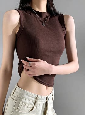 夏季背心女外穿内搭打底修身高领无袖透气螺纹坎肩无袖上衣咖啡色