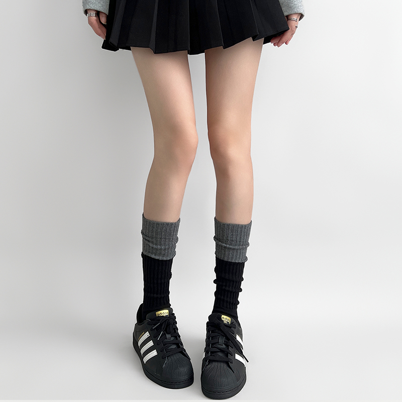 粗线袜子女秋冬款黑灰拼接中筒袜jk小腿袜长筒堆堆袜黑拼灰毛线袜