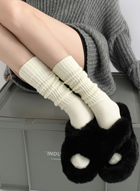 白色堆堆袜长筒袜子女秋冬灰色坑条小腿袜毛线中筒长袜搭配小皮鞋