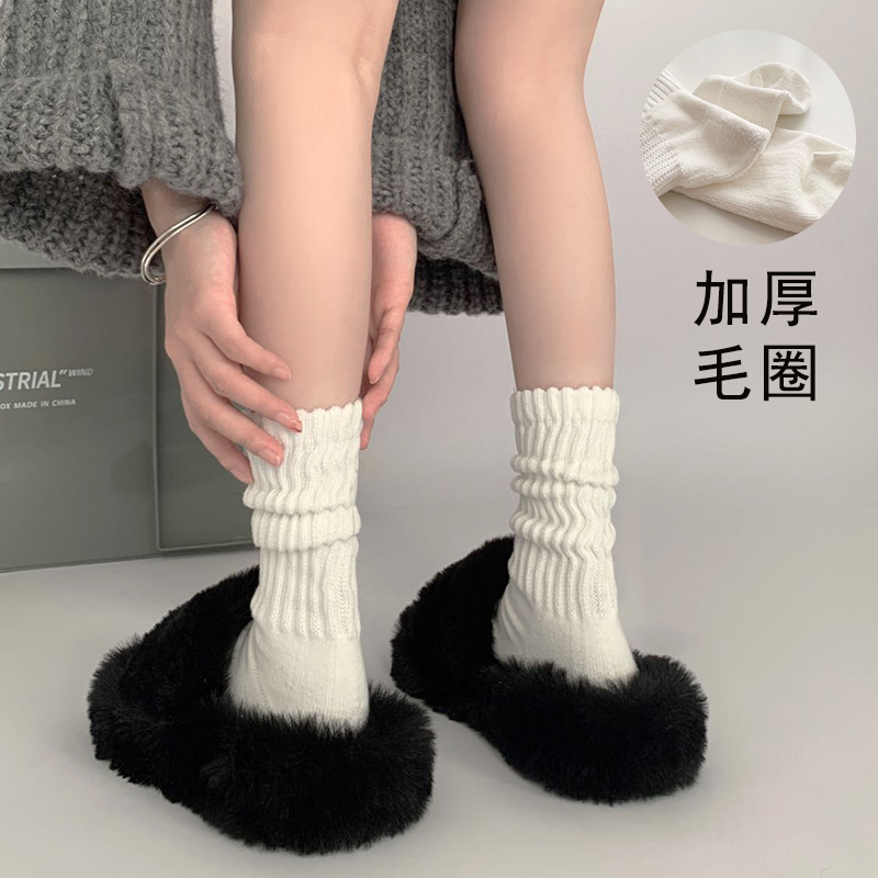 加绒加厚粗线白色堆堆袜女秋冬