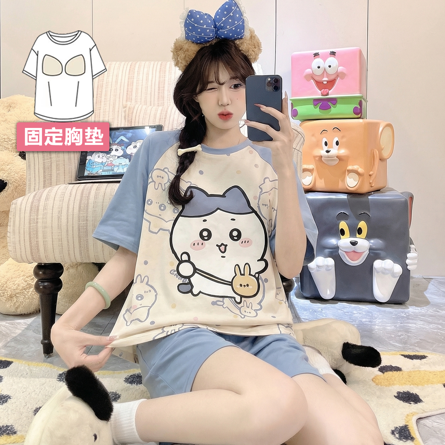 夏天薄款带胸垫睡衣女士可爱盐系短袖套装ins风卡通家居服可外穿