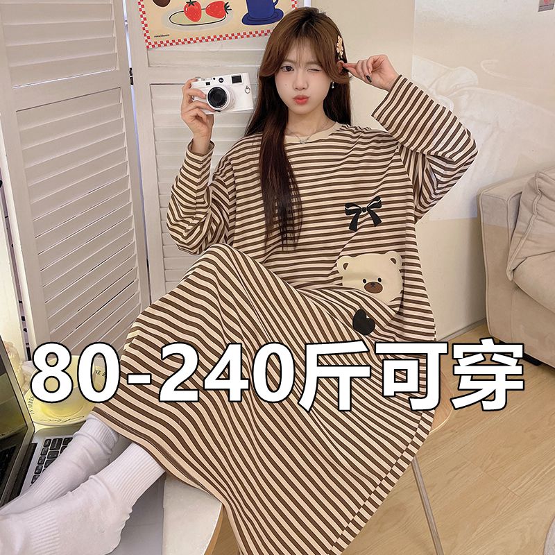 长袖睡裙女春秋季ins风中长款大码纯棉睡衣卡通甜美连衣裙家居服