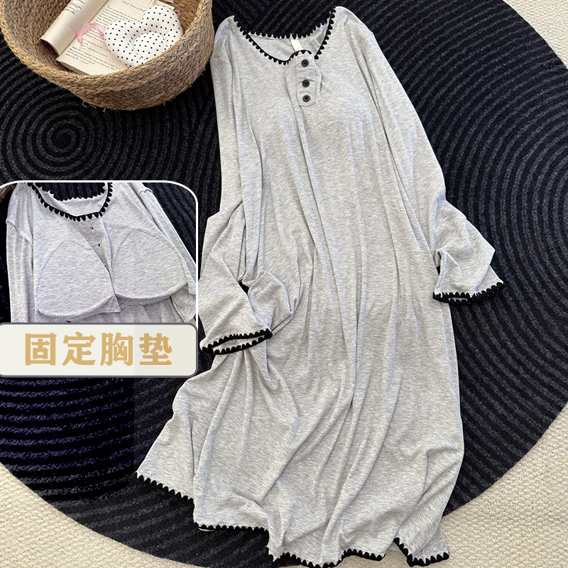 带胸垫睡衣长袖薄款春秋韩系女士莫代尔家居裙简约过膝中长款睡裙
