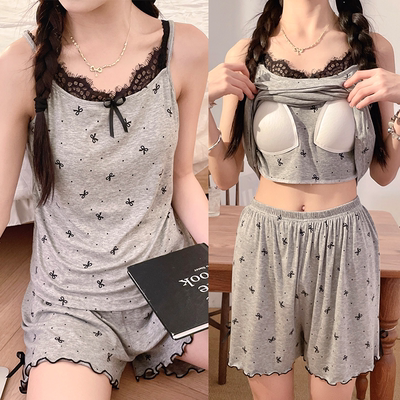 莫代尔防凸点家居服吊带蕾丝睡衣