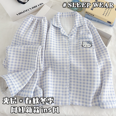 ins长袖格子春秋可爱空气棉睡衣