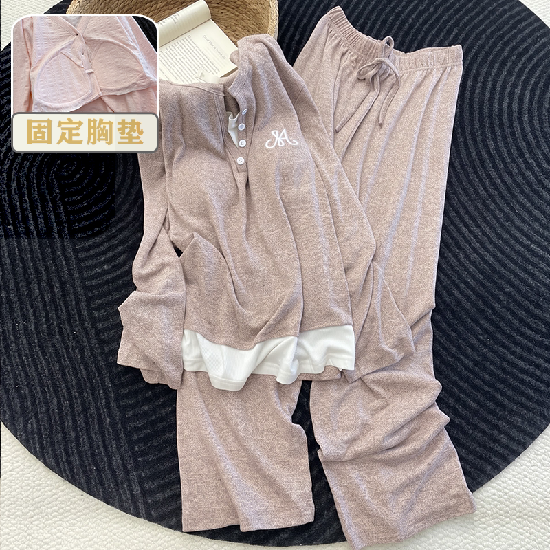 色织彩棉带胸垫可外穿长袖家居服