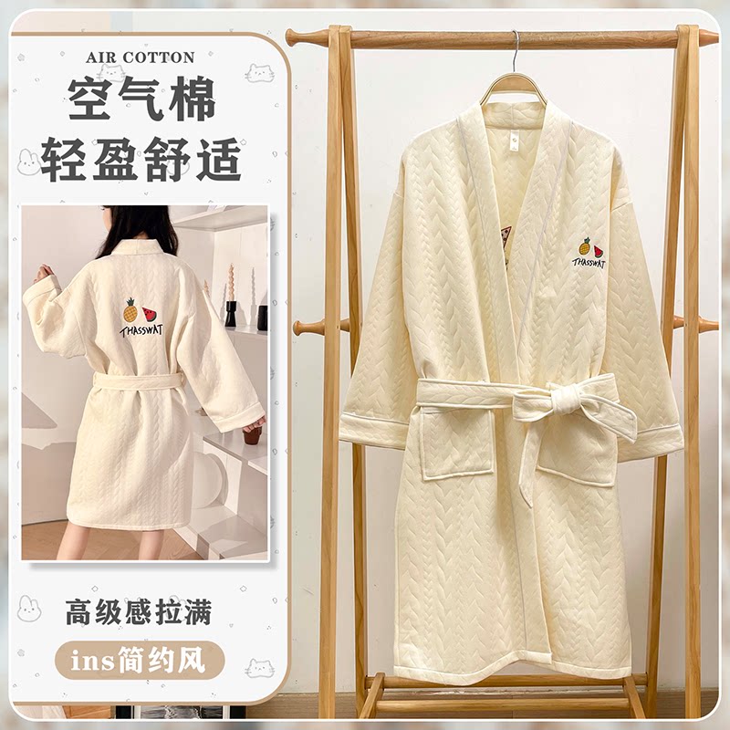 浴袍保暖家居服睡袍刺绣女士长袖简约睡衣春秋冬季空气棉夹层韩版