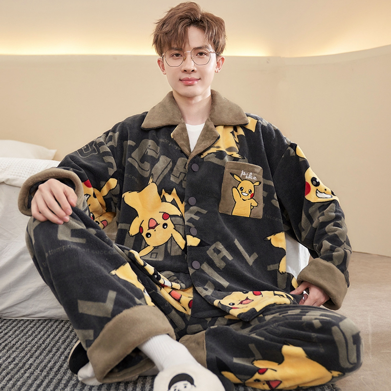 秋冬男款珊瑚绒加厚可外穿家居服