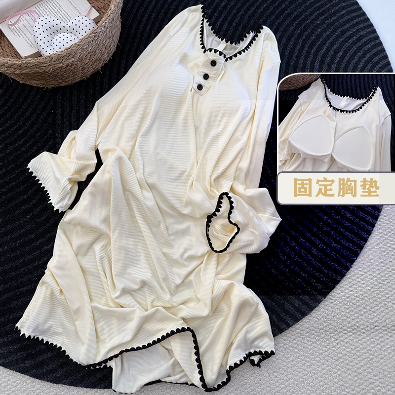 春秋夏季过膝中长款莫代尔睡裙带胸垫睡衣长袖女款纯色家居裙薄款