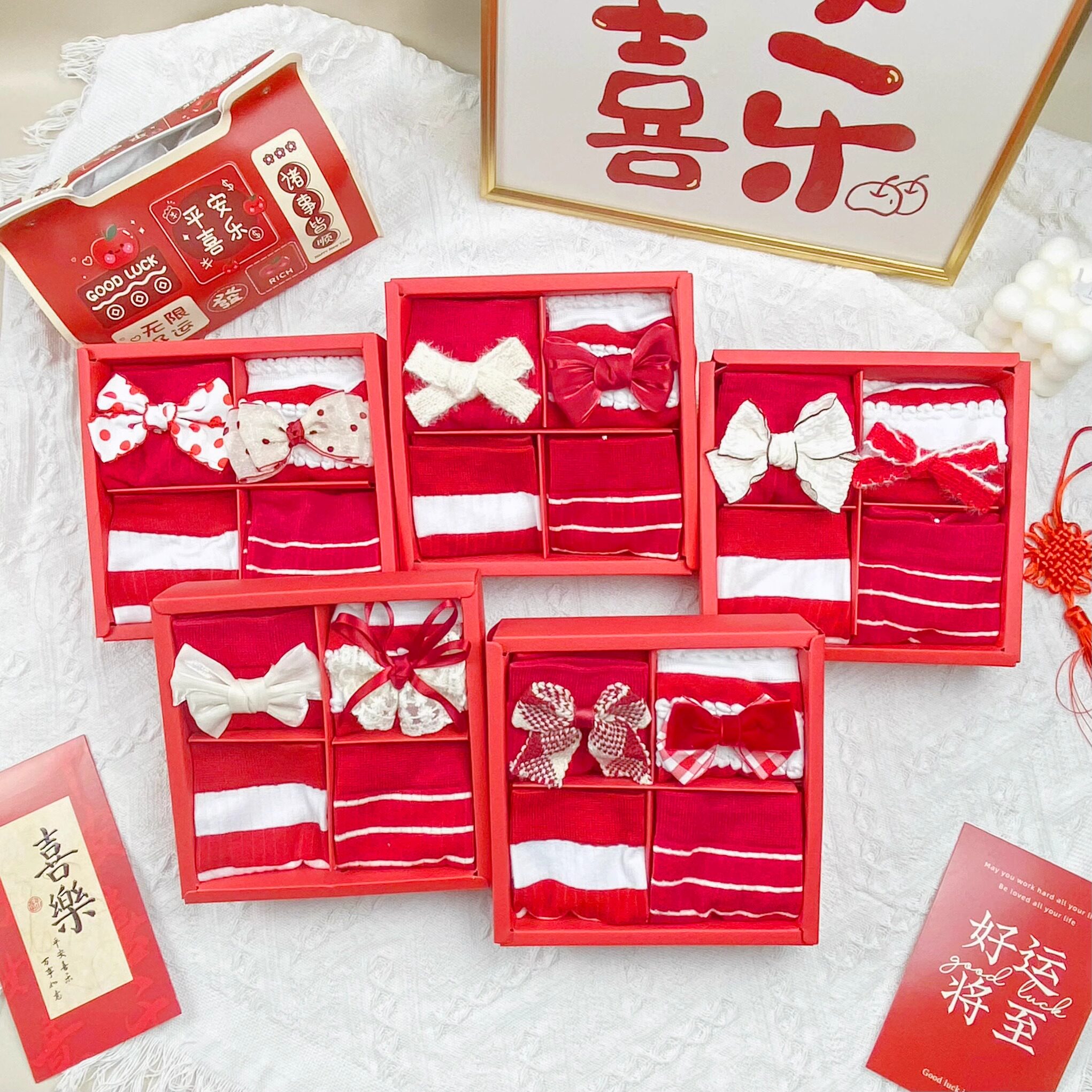 礼盒装红色本命年袜子女纯棉中筒蝴蝶结花边新年好运喜庆秋冬圣诞