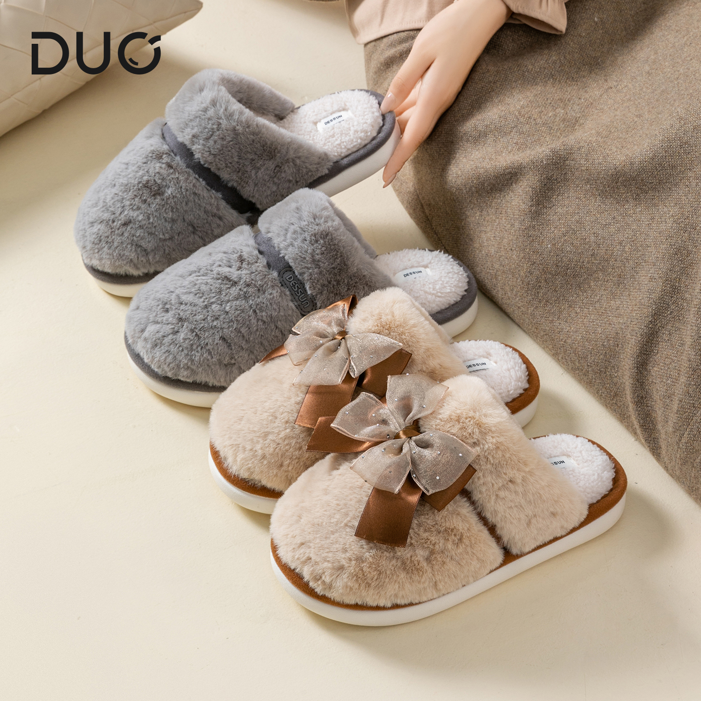 保暖室内秋冬季蝴蝶结毛绒棉拖鞋女2025新款居家软底舒适防滑拖鞋