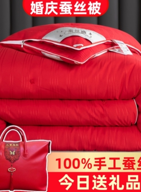 手工蚕丝被100%桑蚕丝子母被春秋被加厚冬被结婚被芯婚庆红色被子