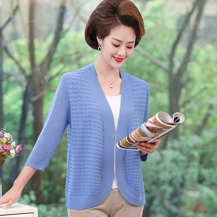 夏季七分袖镂空外搭开衫女宽松洋气妈妈冰丝薄款显瘦披风网衫外套