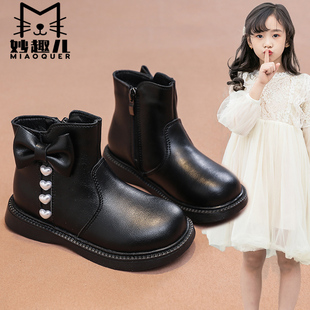 妙趣儿女童短靴黑色加绒公主靴时尚儿童软底秋冬小女孩宝宝单靴子