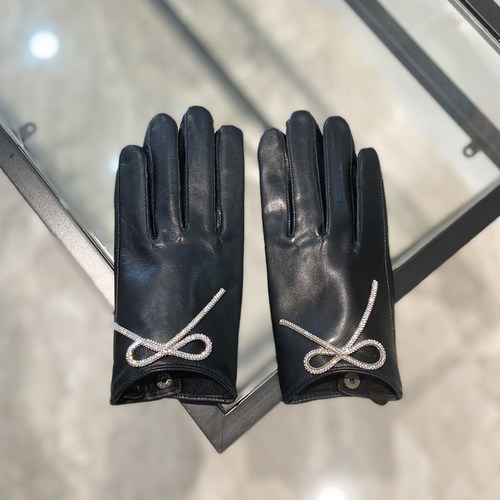 新款进口山羊皮小羊皮手套女水钻蝴蝶结加绒保暖薄款开车骑行女式