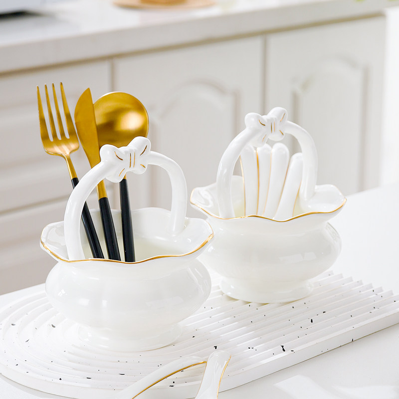 创意家用骨瓷勺子笼描金花篮汤勺收纳厨房叉勺篓勺子筒筷篓餐具笼,餐饮具,餐具笼/架,淘宝优惠券,粉丝福利购,淘宝优惠卷