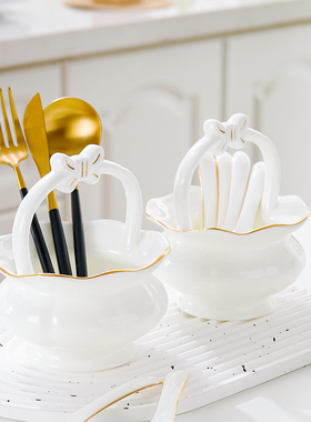 创意家用骨瓷勺子笼描金花篮汤勺收纳厨房叉勺篓勺子筒筷篓餐具笼