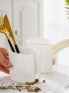 轻奢骨瓷勺子笼家用描金勺架厨房汤匙收纳陶瓷筷子筒筷篓桌面收纳