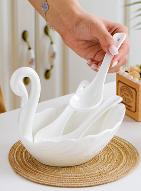 家用骨瓷勺子笼创意天鹅收纳筒刀叉筷笼汤勺托陶瓷勺子收纳勺子筒
