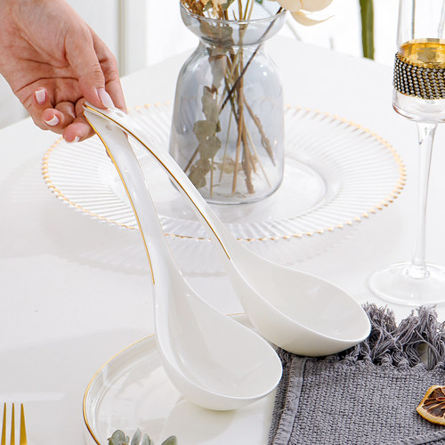 大汤勺描金骨瓷家用长柄大圆勺