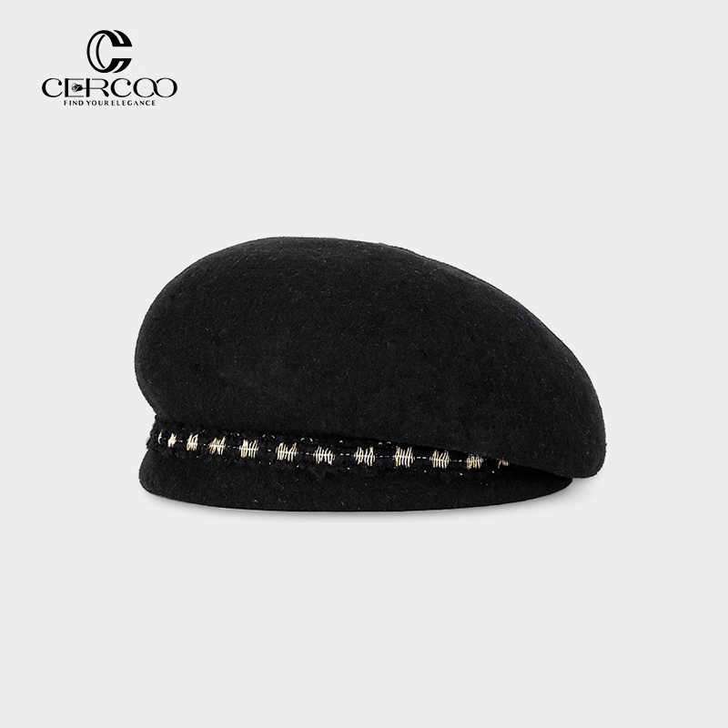 Cercoo/奢蔻黑色贝雷帽女秋冬复古百搭毛呢保暖显脸小帽子大头围