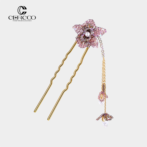 Cercoo/奢蔻水晶幻境花朵盘发插梳水晶流苏发簪高档发饰古风发簪