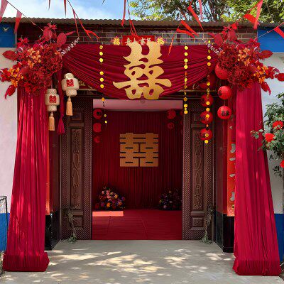 2025农村结婚庭院子婚礼布置自建房大门口婚房布幔布置装饰套装