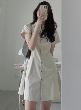 women clothes韩国chic夏季简约气质翻领单排扣收腰显瘦短袖衬衫