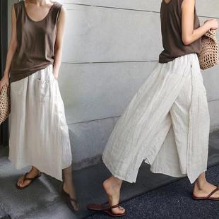 clothes6361 春秋复古文艺大码 新款 裙 宽松大 棉麻假两件裤 women