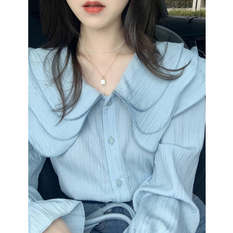 women clothes春夏装年新款别致设计感小众温柔法式上衣蓝色娃娃