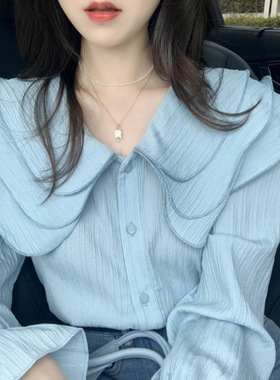 women clothes春夏装年新款别致设计感小众温柔法式上衣蓝色娃娃