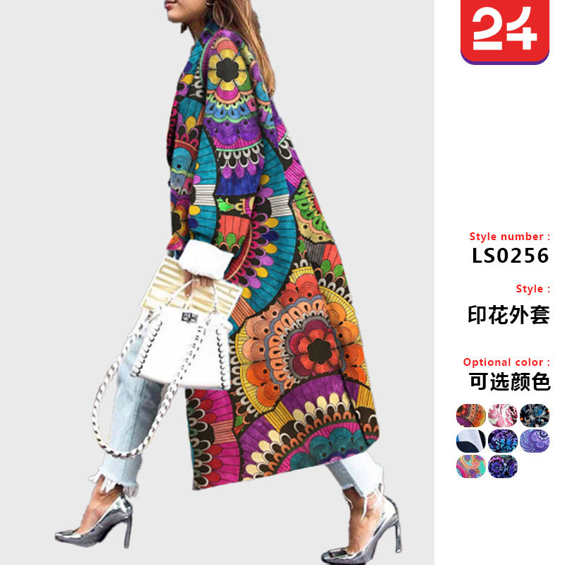 women clothes秋冬季新款女装时尚宽松及踝印花毛呢外套大衣印花