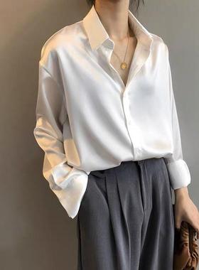 women clothes白色衬衫女秋冬设计感小众缎面衬衣百搭复古港味气